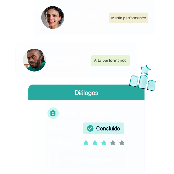 Caixa com uma foto de uma mulher branca de cabelos castanhos, seguido dos textos: Lídia Lopes, Analista, Média Performance. Depois, uma segunda caixa com uma foto de um homem negro de cabelos longos e pretos, seguido do texto: Rafael Lima, Especialista, Alta Performance. Abaixo, uma caixa com o título